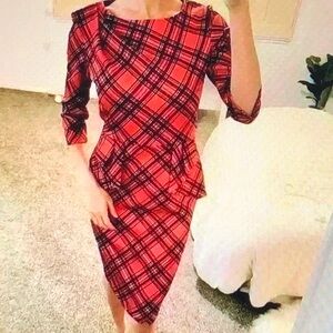 Homeyee Korean Style Red Black Dress Peplum Knee Length Christmas 3/4 Sleeve